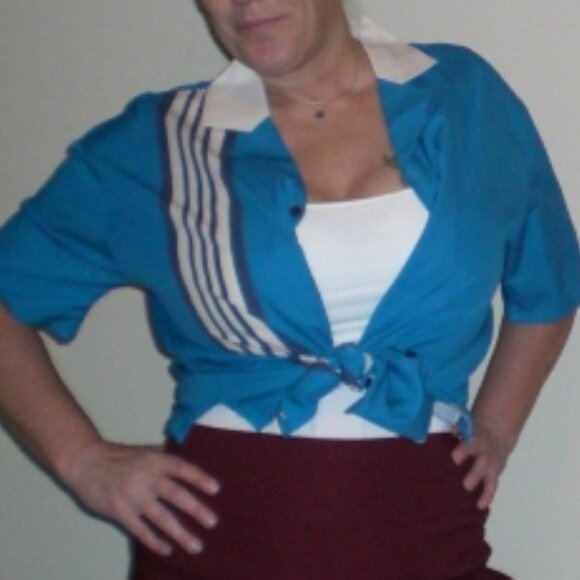 Women's Blue and Cream Shirt, L, Women's Hawaiian Retro Bowling 1950s Style Shir - Picture 3 of 7